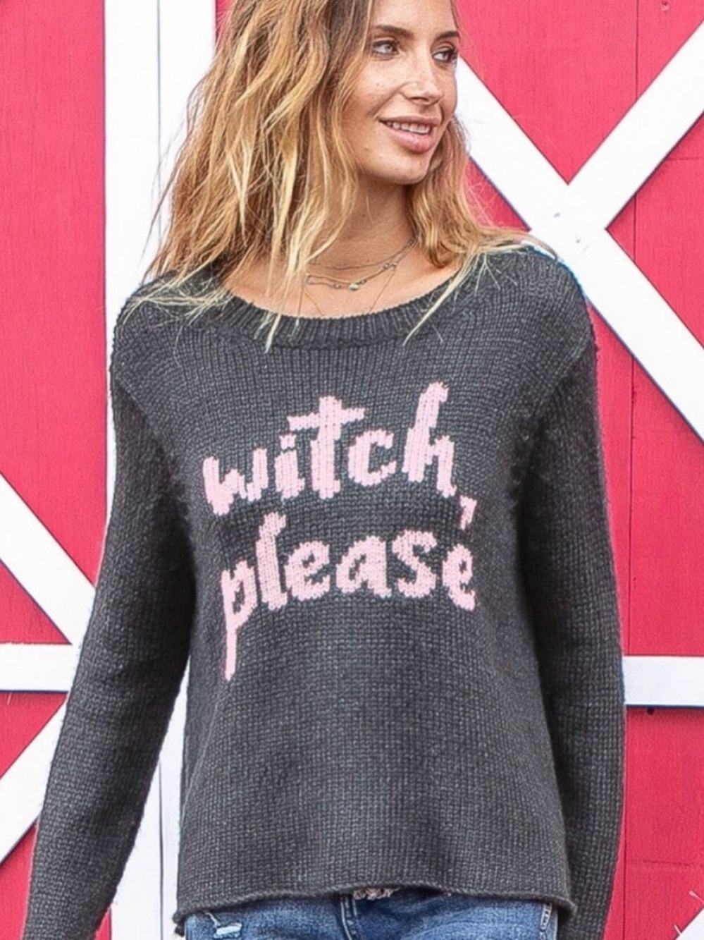 Wooden Ships Charcoal Knit Sweater with Pink Script Witch